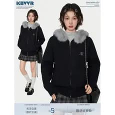 Gola de pele preta com capuz camisola Cardigan jaqueta feminina outono inverno solto engrossado exterior camisola Kn
