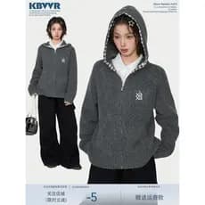 Cinza escuro falso de duas peças com capuz camisola Cardigan jaqueta feminina outono inverno solto xadrez camisola S