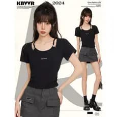 Americano preto falso de duas peças ombro genuíno de manga curta camiseta feminina verão quente menina cintura estreita