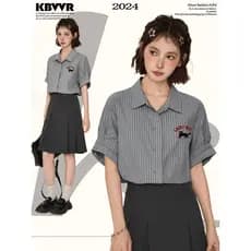 Estilo japonês cinza listrado camisa de manga curta feminina verão camisa polo camisa de ombro professor Commuter Wear t