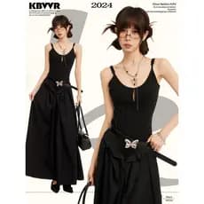 Novo estilo chinês preto quente menina Suspender saia vestido feminino verão verão verão estilo irmã real magro-ajuste c