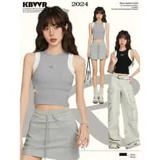 Americano quente menina cinza ferramentas camisola feminina verão exterior Wear em forma de I sem mangas Jazz curto topo