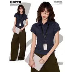 Azul marinho listrado Formal ombro camisa de manga curta feminina verão Design americano sentido magro-ajuste camisa pol