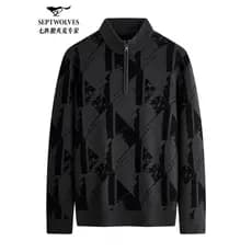 [Lã de ovelha] Sete lobos meio zíper gola alta suéter masculino 2025 inverno novo estilo quente contraste cor malha gros