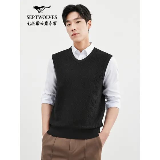 [Algodão puro] sete lobos textura Jacquard malha camisola colete masculino inverno novo estilo simples cor sólida camiso