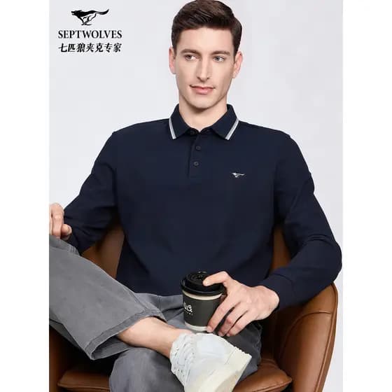 [Algodão Zhudi] Sete Lobos Contraste Cor Lapela Manga Comprida Camiseta Masculina Outono Novo Estilo Business Casual Cam
