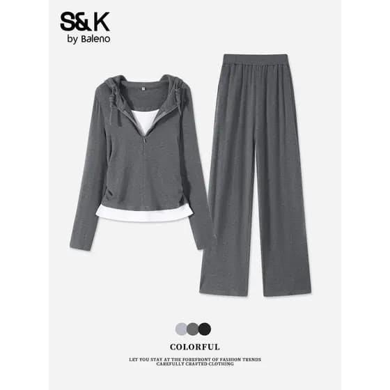 Benny Road S & K Cinza Falso Terno de Duas Peças Feminino Primavera 2026 Verão Novo Estilo Casual Esportes Desgaste Um C