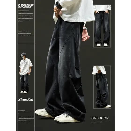 Macacão Jeans masculino verão fino calças masculinas soltas em linha reta meninos calças americanas Micro-queimadas calç