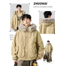 Gola de pele vintage indústria pesada acolchoada jaqueta masculina outono inverno com capuz Parka macacão meninos grosso