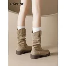 Daphne Retro botas curtas femininas 2026 verão novo estilo ocidental estilo britânico botas de pilha plissadas velo Mart