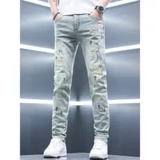 2026 novo estilo calças de brim masculinas verão estilo fino fino fino ajuste pés pequenos Retro rasgado Street Wear ruf