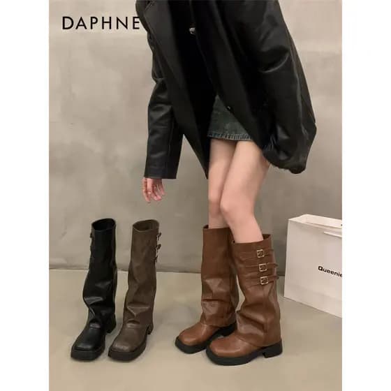 Daphne calças retrô de sola grossa botas longas femininas outono inverno 2026 novo estilo marrom cavaleiro sapatos botas
