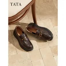 TATA Hehe sapatos femininos pequenos sapatos de couro moda de sola grossa sapatos casuais Commuter preto mocassins femin