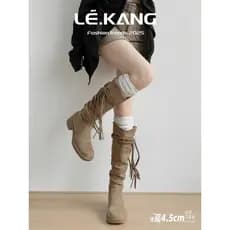 Botas de borla femininas 2025 novo estilo botas de cavaleiro Retro estilo resíduos salto grosso não botas de joelho bota