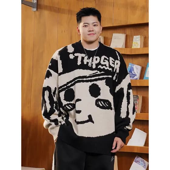 THE PANG Street Wear Plus Size Masculino Wear 2024 Inverno Cartoon Jacquard Pulôver Suéter Gordo Solto Malhas Casuais