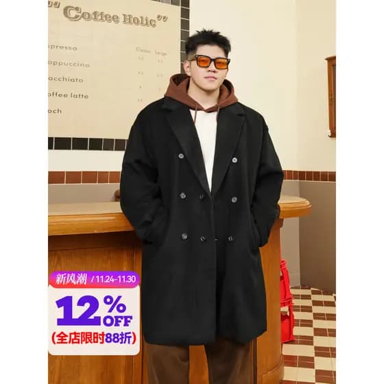 THE PANG Street Wear Plus Size Masculino Wear 2025 Inverno Gordo Casaco de Lã de Comprimento Médio Solto Casaco de Lã Ca