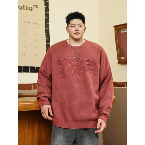THE PANG Street Wear Plus Size Masculino 2025 Inverno Gordo Tridimensional Jacquard Pulôver Suéter Solto Vermelho