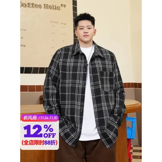 THE PANG Street Wear plus Size roupas masculinas primavera outono gordura solta xadrez camisa de manga comprida masculin