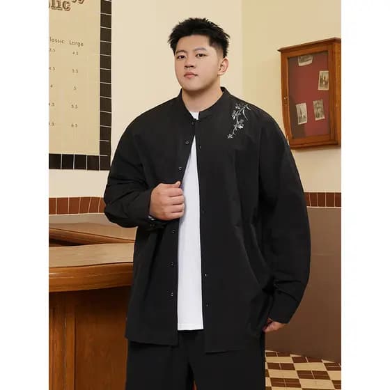 THE PANG Street Wear Plus Size Masculino Primavera Outono Gordo Novo Estilo Chinês Estilo Chinês Bordado Camisa de Manga