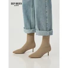 Deep BREATH DEEP BREATH Sapatos femininos bico fino salto agulha Flyknit moda botas curtas botas femininas botas de salt