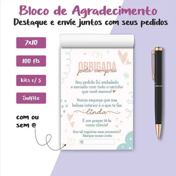 Cartão de Agradecimento para Cliente Kit com 5 Talões 500 Folhas Card Mimo para Embalagens e Pedidos
