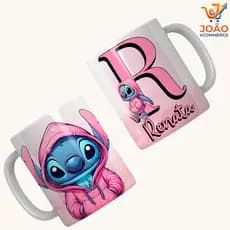 Caneca Personalizada Stitch com Nome Alfabeto azul e rosa com seu nome todas as letras a sua escolha