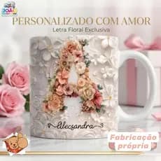 Caneca Porcelana Personalizada Alfabeto Com Inicial e Nome Fundo 3D Floral Xícara Presentes 325ml