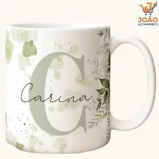 Caneca Xícara Porcelana Alfabeto Floral com inicial e Nome Personalizada Alta Qualidade Presente Criativo