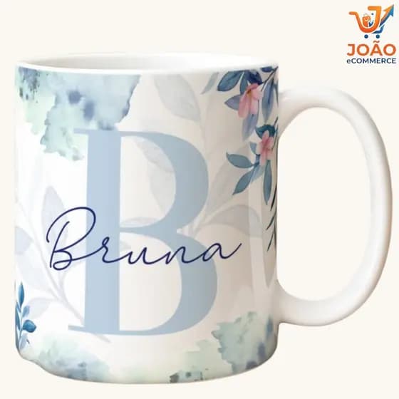 Caneca Xícara Porcelana Personalizada Alfabeto Floral com inicial e Nome para Presentear