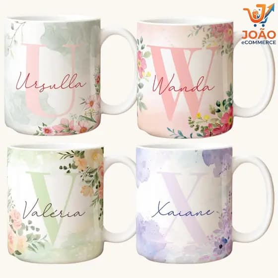 Caneca Xícara Porcelana Personalizada Alfabeto Floral  inicial e Nome  Modelos a sua escolha