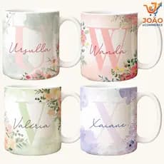 Caneca Xícara Porcelana Personalizada Alfabeto Floral  inicial e Nome  Modelos a sua escolha