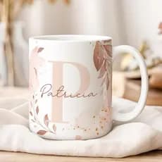 Caneca Xícara Porcelana Todo o Alfabeto com inicial e Nome Floral clara Personalizada