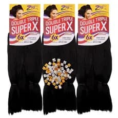 “Kit 3 Pacotes Cabelo Jumbo 6X cor 1 preto  Super X + Acessórios para Tranças zhang– Fibra Macia e Leve”