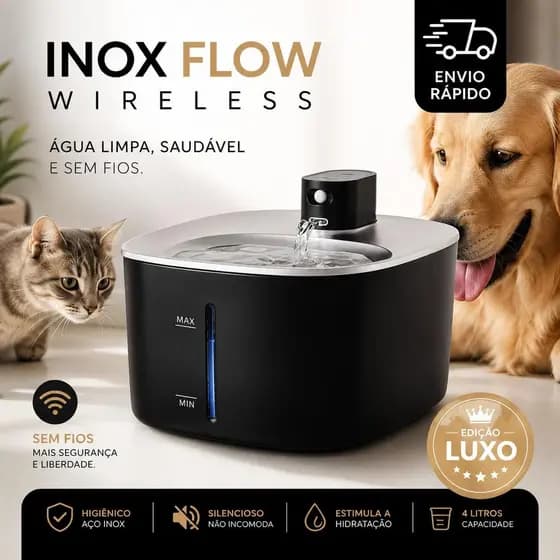 Bebedouro Inox Flow Wireless para Gatos e Cães – Fonte Automática Sem Fio e Bateria Recarregável