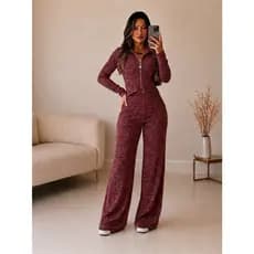 Conjunto Feminino Rib Canelado Pantalona Confortável Blusa Manga Longa Zíper