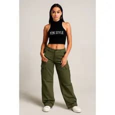 Calça Cargo Sarja Wide Leg 100% Algodão Feminina