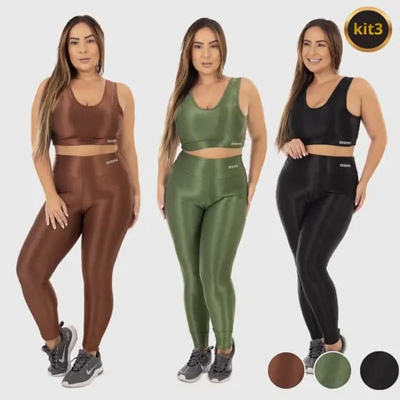 Kit 3 Conjuntos Fitness Plus Size Calça e Top com Bojo Poliéster Resenha Sport Conforto Academia