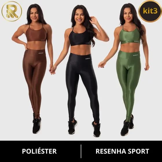 Kit 3 Conjunto Fitness Legging e Top Sem Bojo Poliéster Canelado Premium Original Resenha
