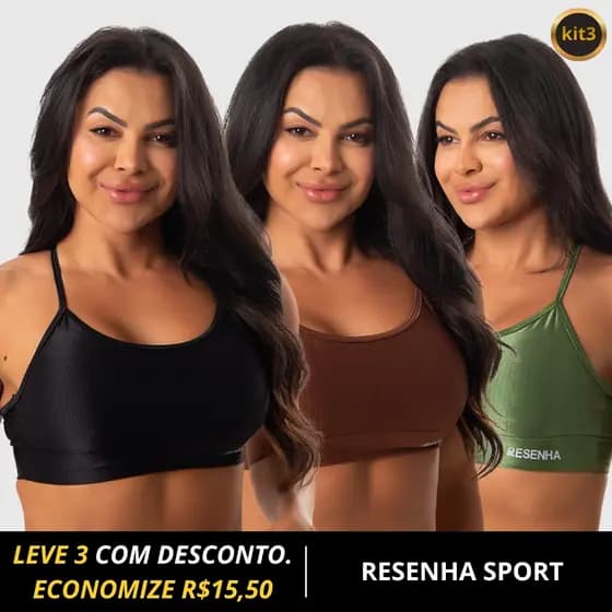 Kit 3 Tops Fitness Feminino Canelado Academia Alta Sustentação Treino Confortável Diário Resenha