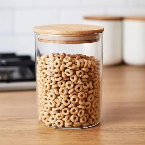 Pote de Vidro Borossilicato Hermético com Tampa de Bambu – 800ml, Vedação em Silicone, Ideal para Mantimentos, Grãos e T