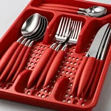 Faqueiro 17 Peças Vermelho Inox com Porta Talheres Cozinha