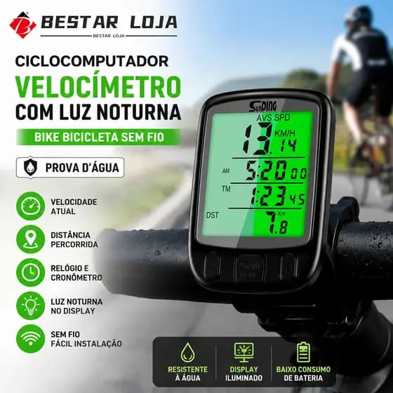 BESTAR LOJA  Ciclocomputador Velocímetro Com Luz Noturna Bike Bicicleta Sem Fio Prova D'água