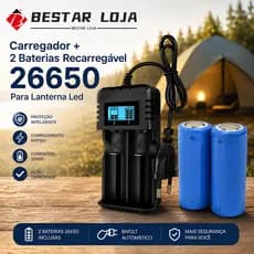 BESTAR LOJA Carregador + 2 Baterias Recarregável 26650 Para Lanterna Led