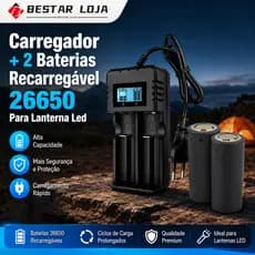 BESTAR LOJA  Carregador + 2 Baterias Recarregável 26650 Para Lanterna Led