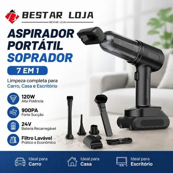 BESTAR LOJA Aspirador Portátil Soprador 7 em 1 120W 900PA Limpeza Carro Casa Escritório Filtro Lavável 24V