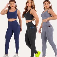 Conjunto Fitness Feminino Top Sustentação + Calça Bolso Alta Compressão Conforto