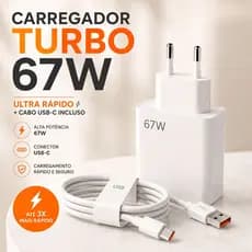 Carregador Turbo 67W USB-C com Cabo Incluso Carregamento Rápido Android e iPhone