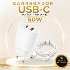 Carregador Turbo 50W iPhone USB-C + Cabo Lightning Carga Rápida Compatível Apple Super Rápido