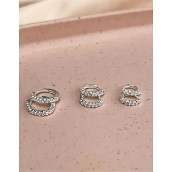 Trio Brinco Argola Clic Cravejada Zirconia Prata 925 Legitima