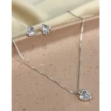 Conjunto Corrente e Brinco Zirconia Coração Ponto de Luz 6mm Prata 925 Legitima